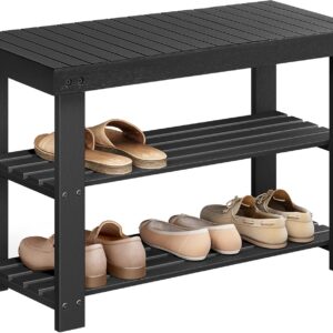 SONGMICS Shoe Rack Bench, 3-Tier Bamboo Shoe Storage Organizer, Entryway Bench, Holds Up to 286 lb, 11.3 x 27.6 x 17.8 Inches, for Entryway Bathroom Bedroom, Ink Black ULBS04H