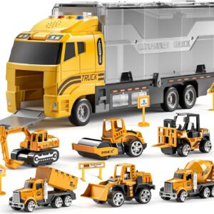 TEMI Toddler Toys for 3 4 5 6 Years Old Boys, Die-cast Construction Toys Car Carrier Vehicle Toy Set w/Play Mat, Kids Toys Truck Alloy Metal Car Toys Set for Age 3-9 Toddlers Kids Boys & Girls
